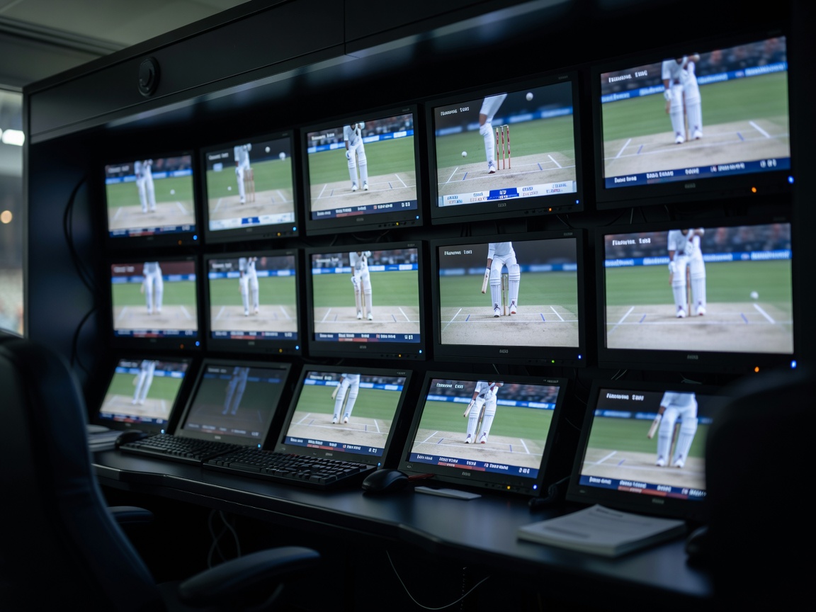 Bank of broadcast monitors in a third umpire's booth showing slow-motion replays