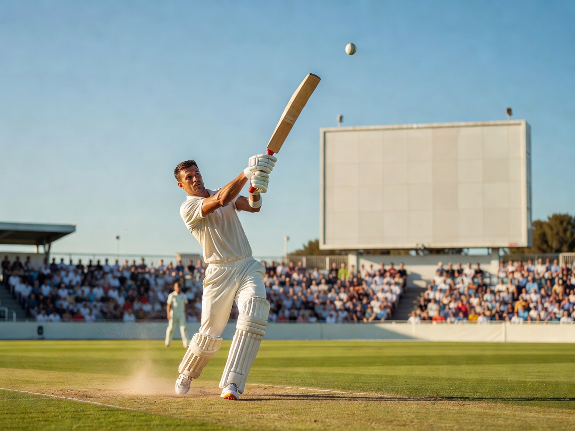 Batter completing a lofted drive with the scoreboard visible in the background