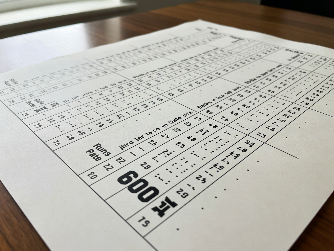 Close-up of a printed cricket scorecard listing runs, balls faced and strike rate for each batter