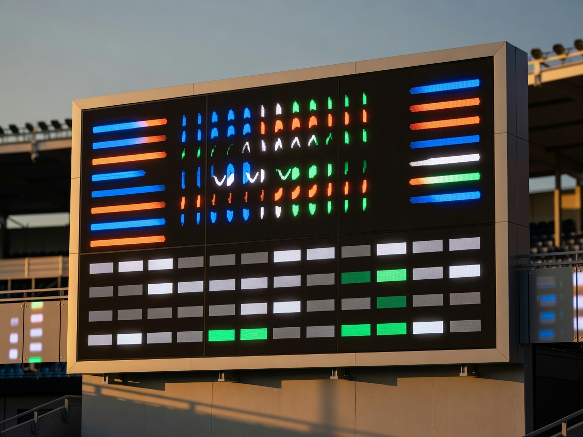 Electronic scoreboard showing team totals, overs and a tournament points table