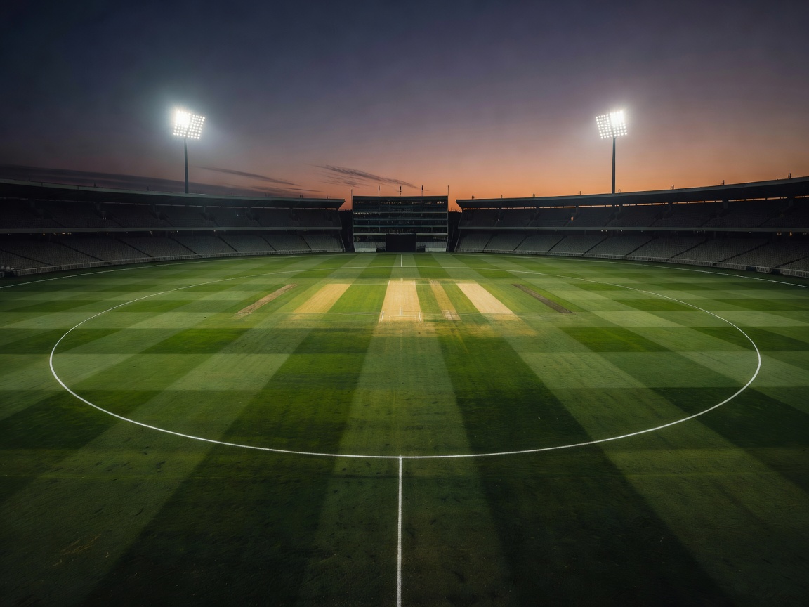 Floodlit cricket stadium at dusk seen from the upper stands, with the pitch and 30-yard circle marked on the outfield