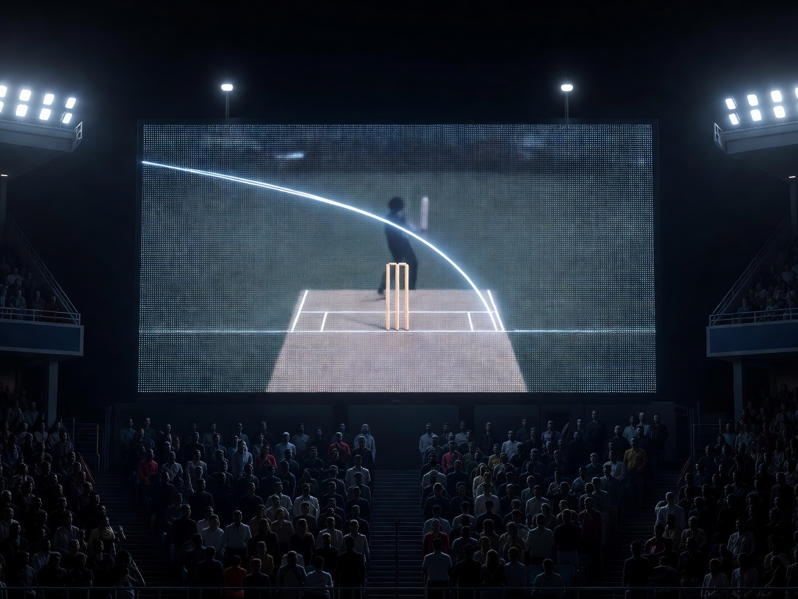 Large stadium screen displaying a ball-tracking replay during a DRS review
