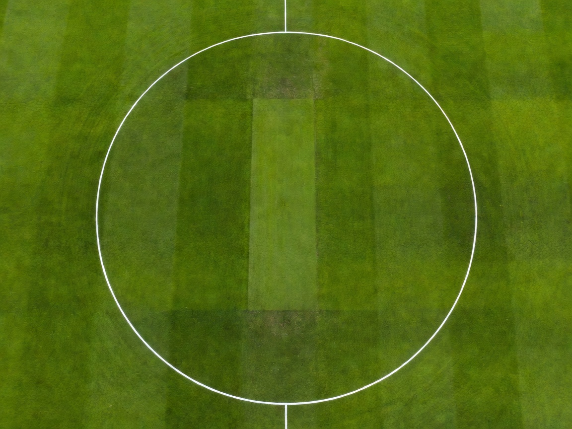 Overhead view of a cricket ground showing the inner fielding circle painted on the grass