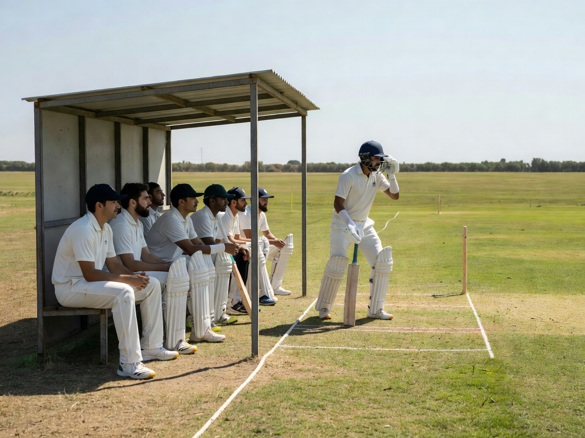 Players in a team dugout beside the boundary, one standing and ready to take the field