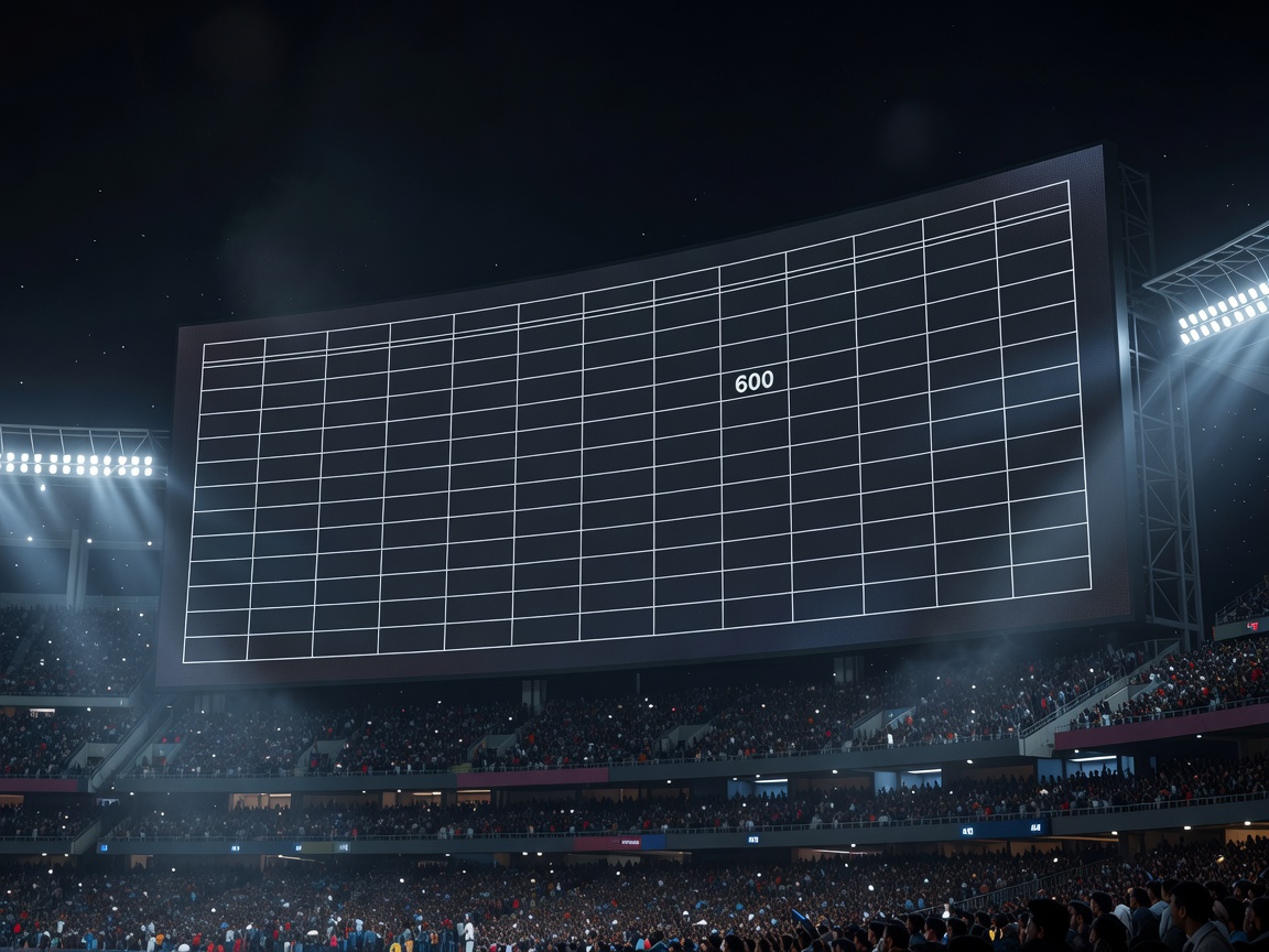 Stadium big screen showing a tournament points table with matches played, points and net run rate columns