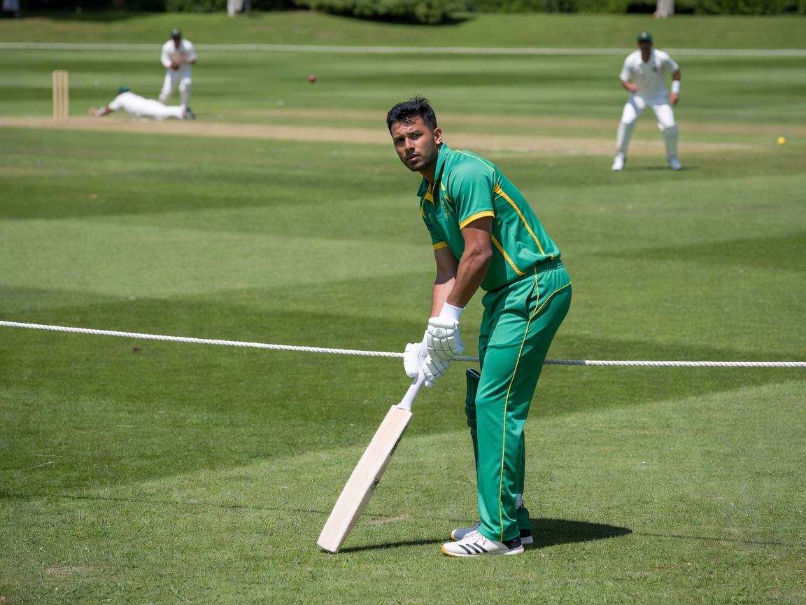 Substitute cricketer in team colours waiting beside the boundary rope to enter the field