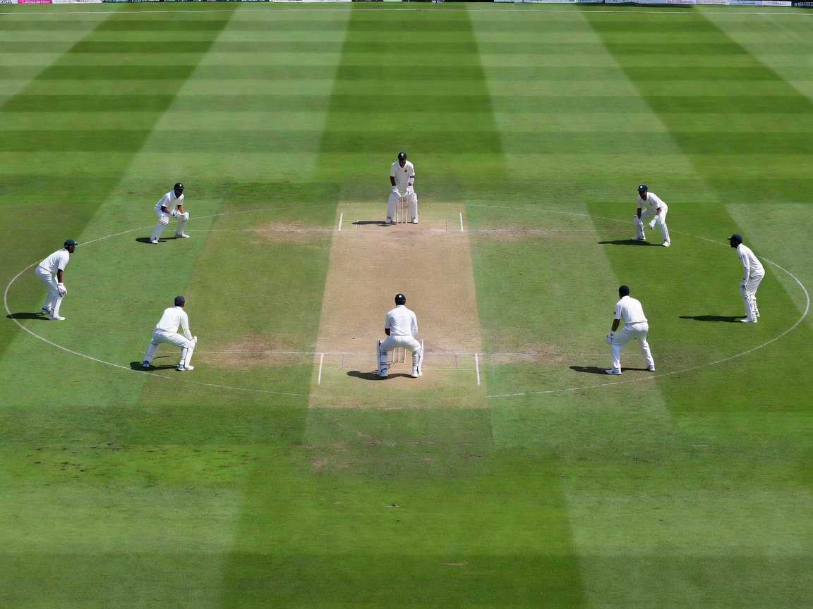 Wide view of a cricket field with fielders standing inside the inner circle during a powerplay